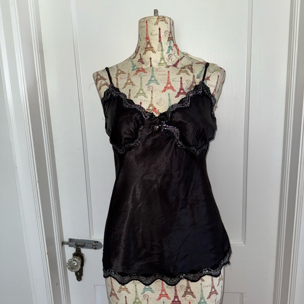 Vintage Italian Black Satin & Lace Trim Camisole